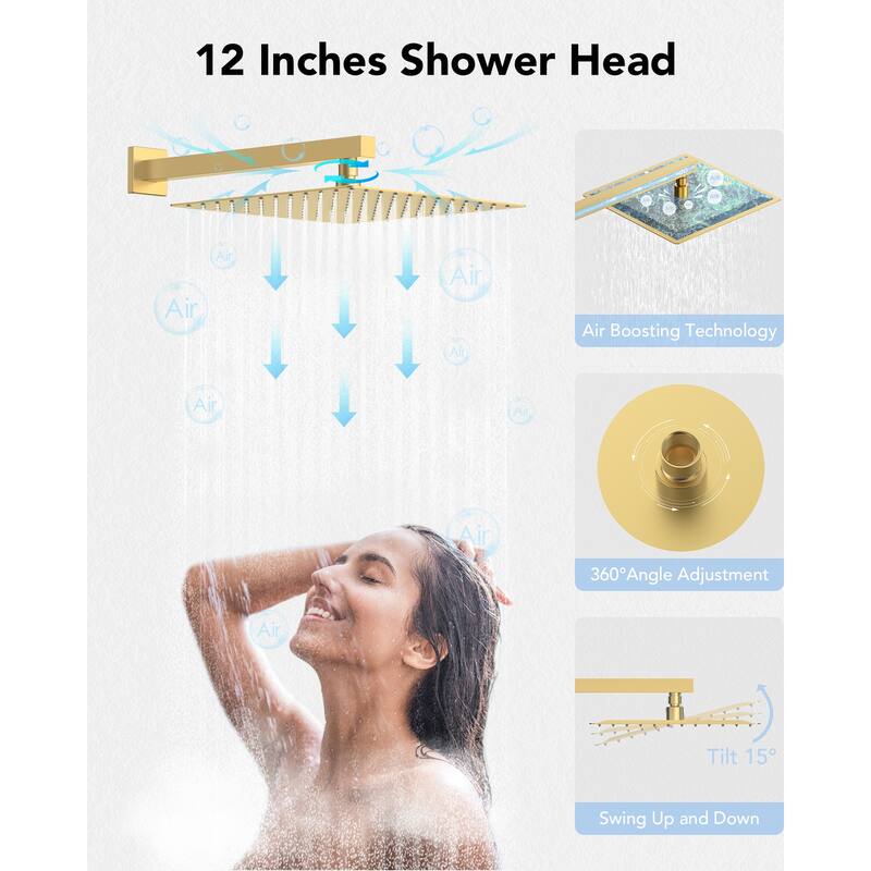Thermostatic Shower System 12" Rain Shower Head with High Pressure Handheld Spray