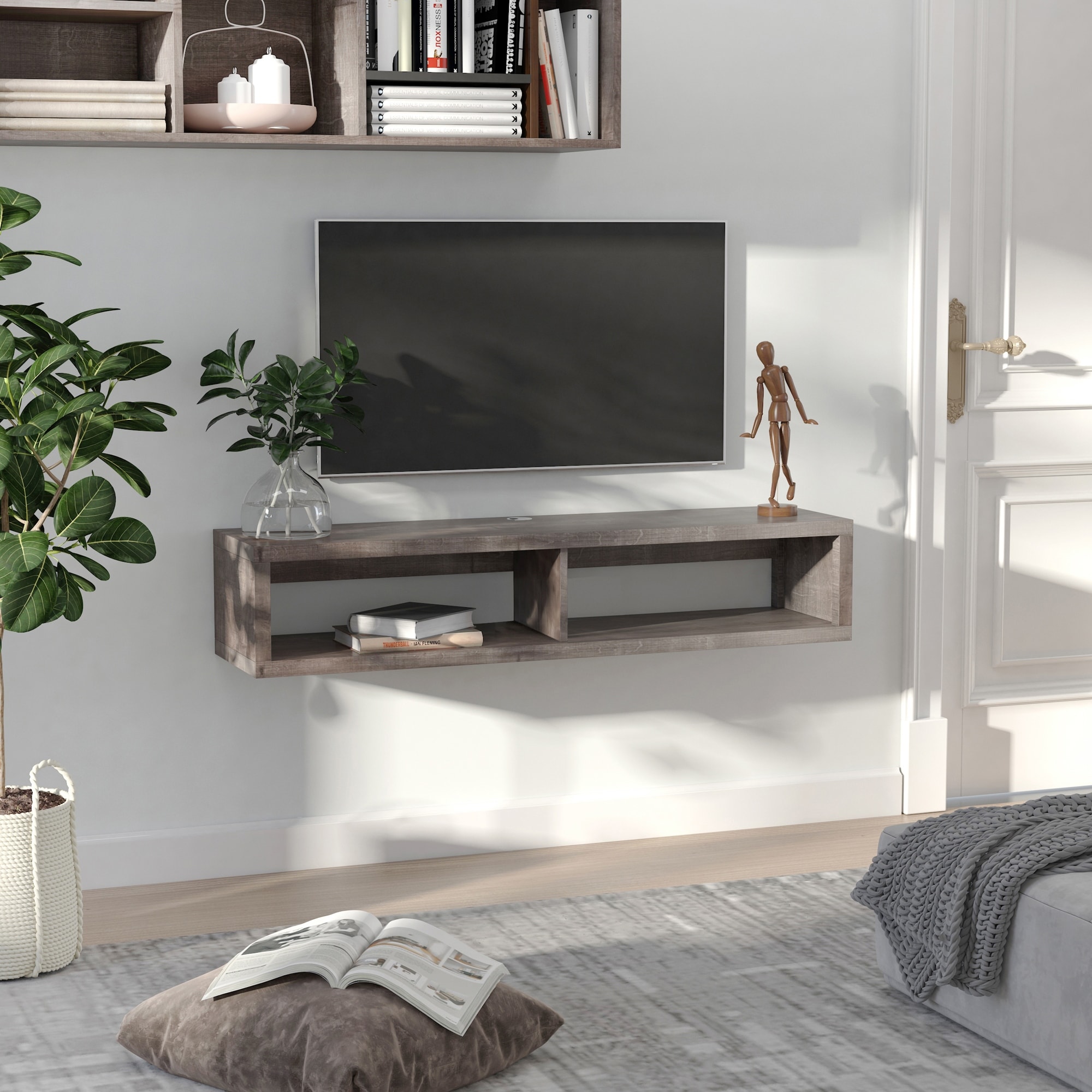 ​​Modern Farmhouse Floating TV Stand with 2 Storage Shelf and Cable Management for Living Room Bedroom and Home Theater​