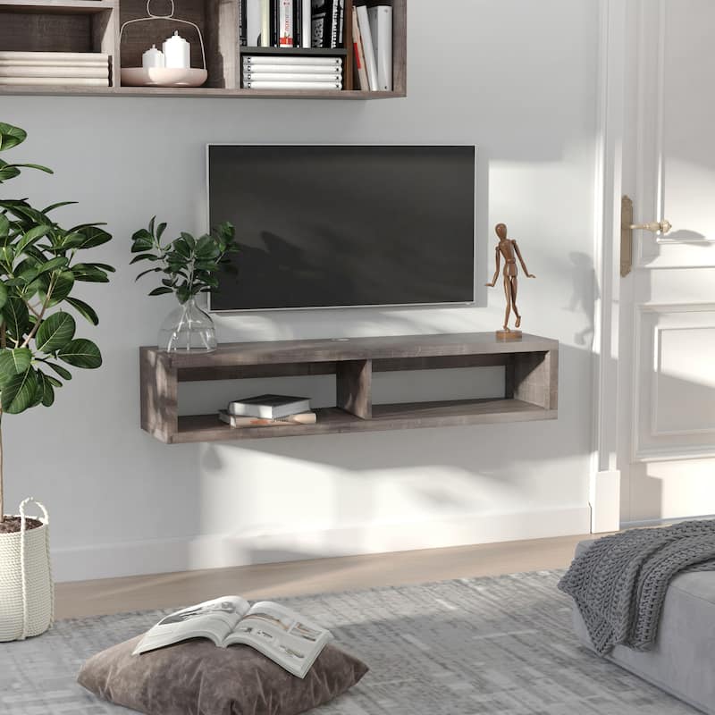 ​​Modern Farmhouse Floating TV Stand with 2 Storage Shelf and Cable Management for Living Room Bedroom and Home Theater​ - Dark Gray