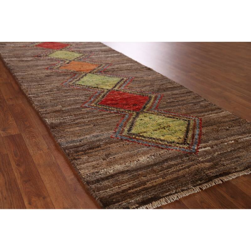 Geometric Moroccan Oriental Runner Rug Hand-Knotted Wool Carpet - 3'6" x 12'6" - 3'6" x 12'6" - Brown