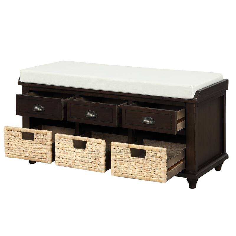 Rustic Linen Upholstered Storage Bench with Drawers & Rattan Baskets - Perfect for Farmhouse Decor