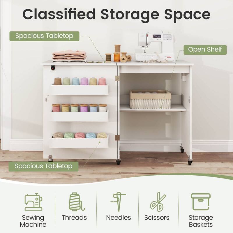 Costway Folding Sewing Table Rolling Craft Station with 3 Storage Bins - See Details