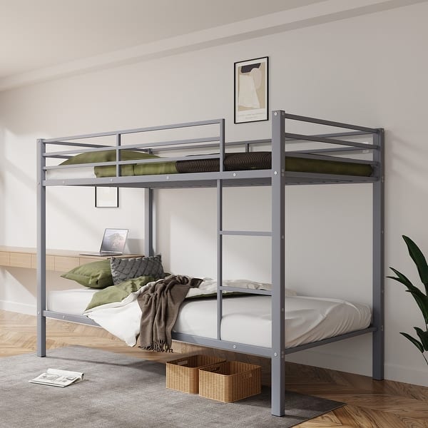 slide 2 of 33, Twin Over Twin Metal Bunk Bed, Low Profile, Ladder, High Guardrail Grey