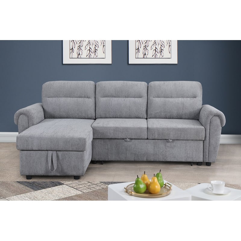 Hugo 97"W Chenille Rev. Sleeper Sectional Sofa Chaise USB Chargers, Phone/Magazine Pockets