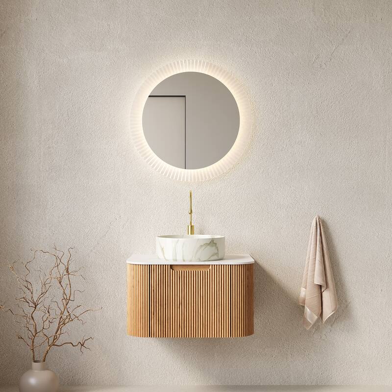 24" Bathroom Vanity&Sink, Floating Curved Edges Striped Storage Cabinet with Drawer, Matte Stone White Round Ceramic Basin - Carrara White,Natural Wood,Stone White