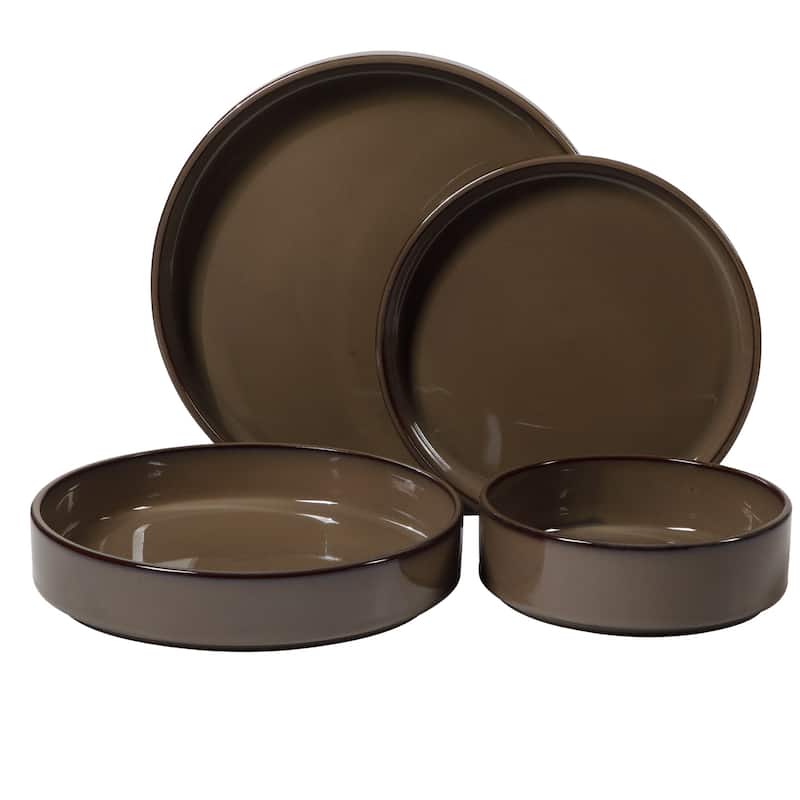 Bloomhouse Santorini Mist 16 Piece Double Bowl Terracotta Reactive Glaze Plates and Bowls Dinnerware Set - Brown
