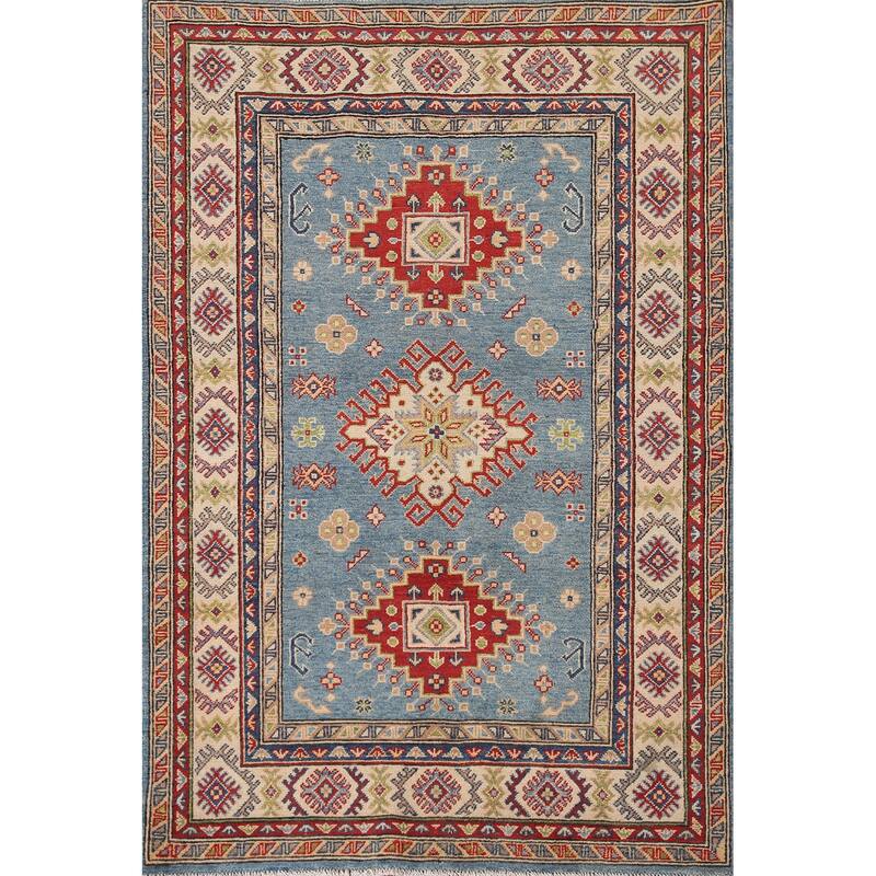 Light Blue Geometric Kazak Oriental Area Rug Handmade Wool Carpet - 4'0"x 5'11"