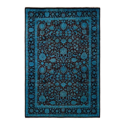 Overton Hand Knotted Wool Vintage Inspired Modern Contemporary Overdyed Blue Area Rug - 4' 2" x 6' 1"