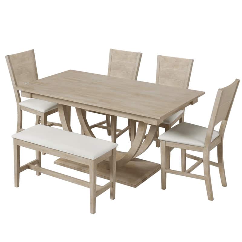 Modern 6-Piece Half-Round Dining Set – Wood Table with Long Bench & 4 Matching Chairs‌ -  Natural Wood