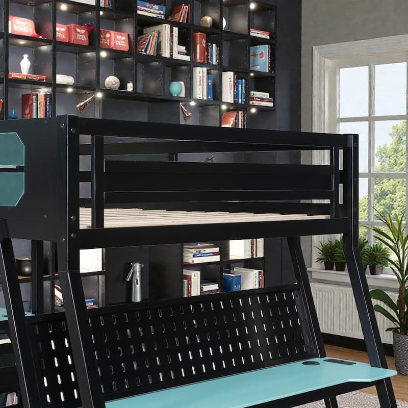 Twin/Full Gaming Bunk Bed with Dual Desks, USB Charging Ports and Pegboard Organizer, Gamer Bunk Frame