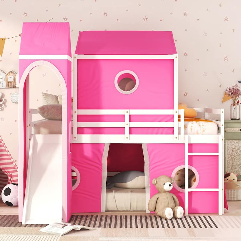 Castle Style Kids Low Bunk Bed with Slide, Curtains & Tower, Solid Wood