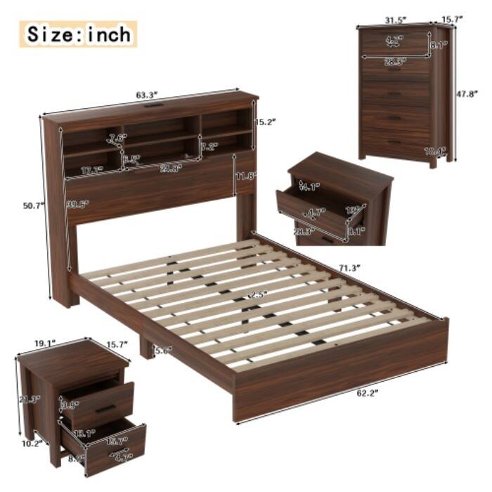 4-Piece Queen Bedroom Set - Storage Headboard with Charging, 2 Nightstands & 5-Drawer Dresser