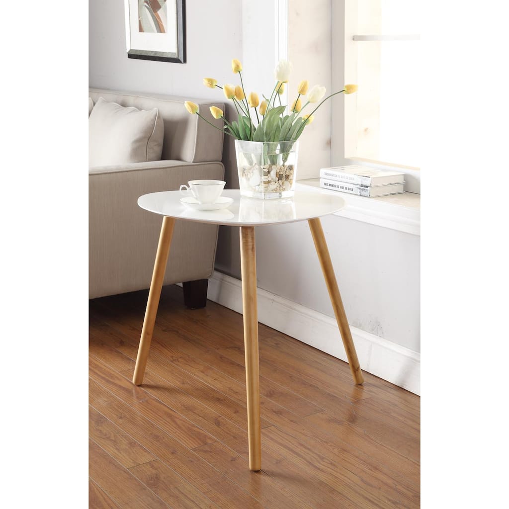 End Table with Smooth White Piano Finish and Solid Wood Accents, Easy to Assemble Contemporary Side Table for Living Room