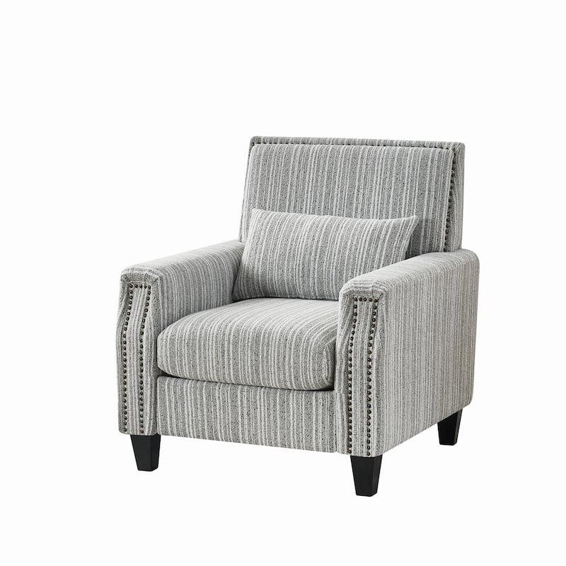 Modern Accent Chair with Arms,Comfy Upholstered Armchair for Living Room,Grey and White Striped Armchair with Nailhead Trim