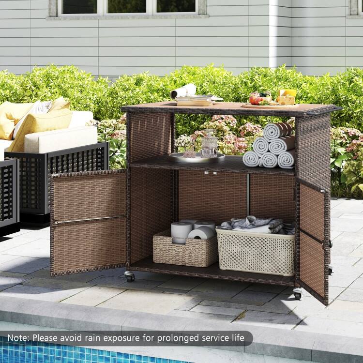 Mix Brown PE Rattan and Acacia Wood Outdoor Storage Cabinet with Wheels - 37.5" × 21" × 33.5"