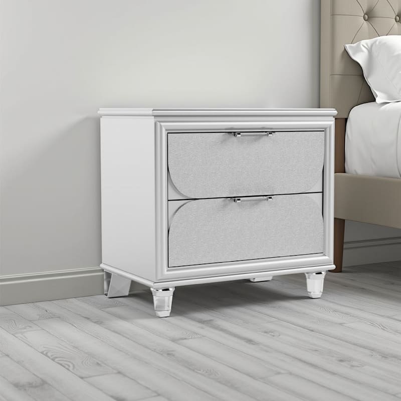 Dima Nightstand, 2 Drawers w Acrylic Handles, White Rubberwood, 24 Inch