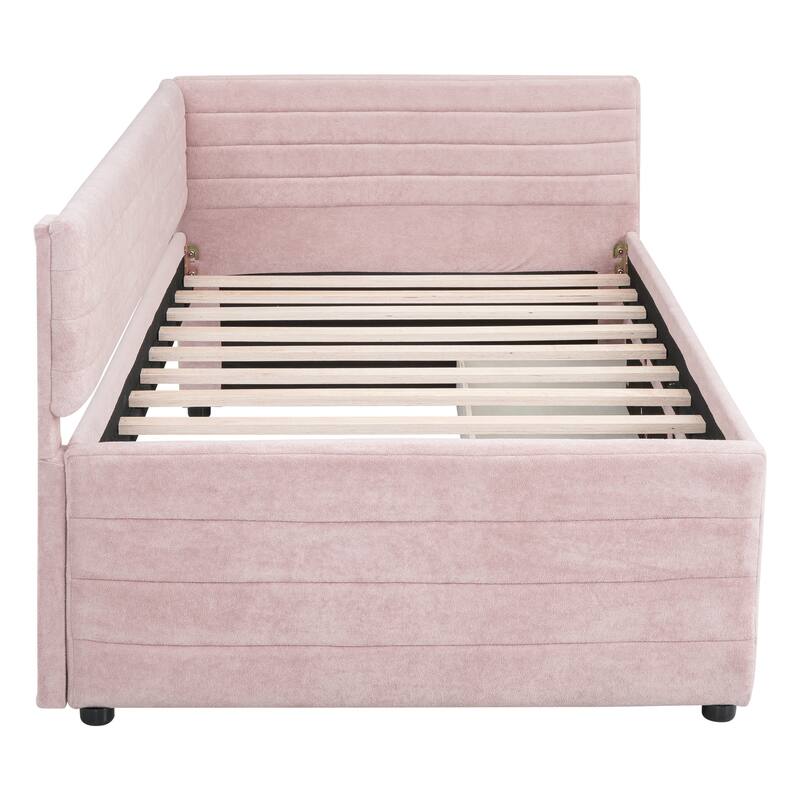 Twin Size Upholstered Daybed with Roll-Out Trundle, Space-Saving Wooden Frame, No Box Spring Needed