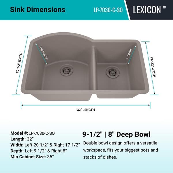 dimension image slide 1 of 2, 32 Inch Lexicon Platinum Quartz Composite Drop-in Undermount Galaxy Concrete Kitchen Sink LP-7030-C-SO