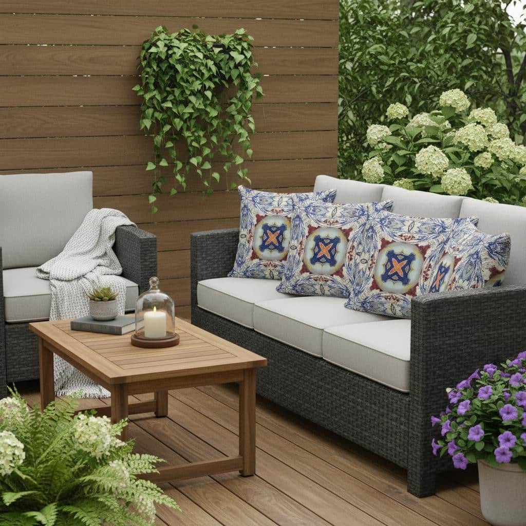 HomeRoots Set of Three 16" X 16" Blue and Gray Blown Seam Floral Indoor Outdoor Throw Pillow - 16.00' X '16.00' X '5.00