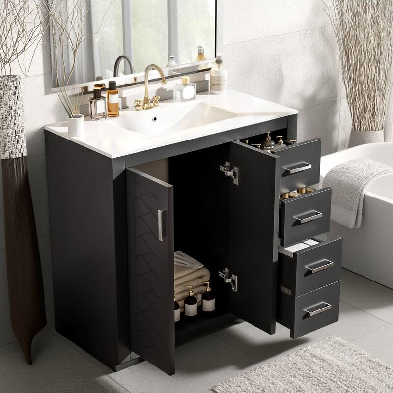36'' Freestanding Bathroom Vanity with Sink, Solid Wood Frame, 3 Drawers