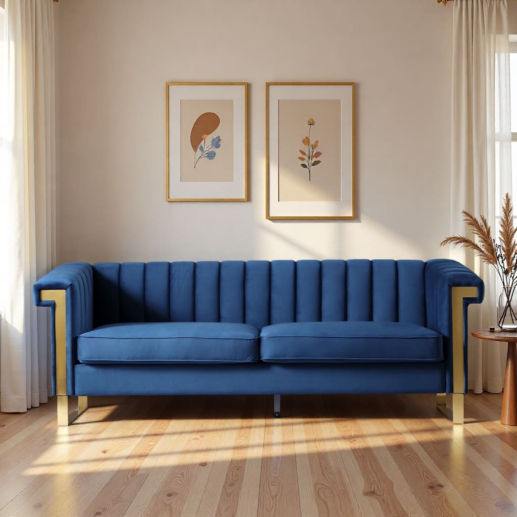 Roomfitters Modern Luxury Upholstered Sofa with Vertical Channel Tufting & Gold Metal Legs, Elegant 3 Seater Couch