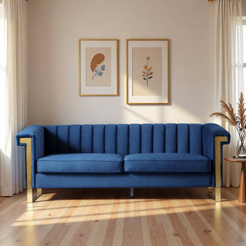 Velvet Sofa Couch for Living Room, Modern Loveseat Couch with Gold Accents, Apartment Chesterfield Sofa