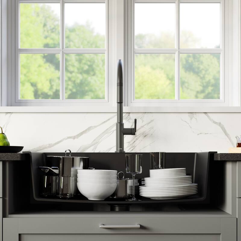 Karran QT-812 Top Mount 33 in. Large Single Bowl Quartz Kitchen Sink in Black With Kitchen Faucet in Gunmetal Grey