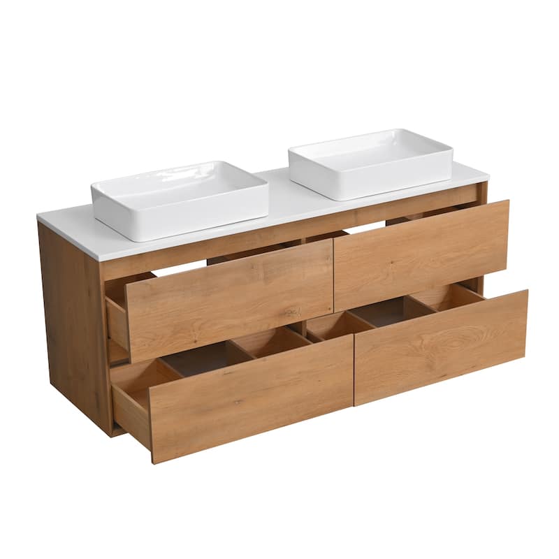 Sylphar 60 inch Toffee Oak Floating Bathroom Vanity with White Quartz Top