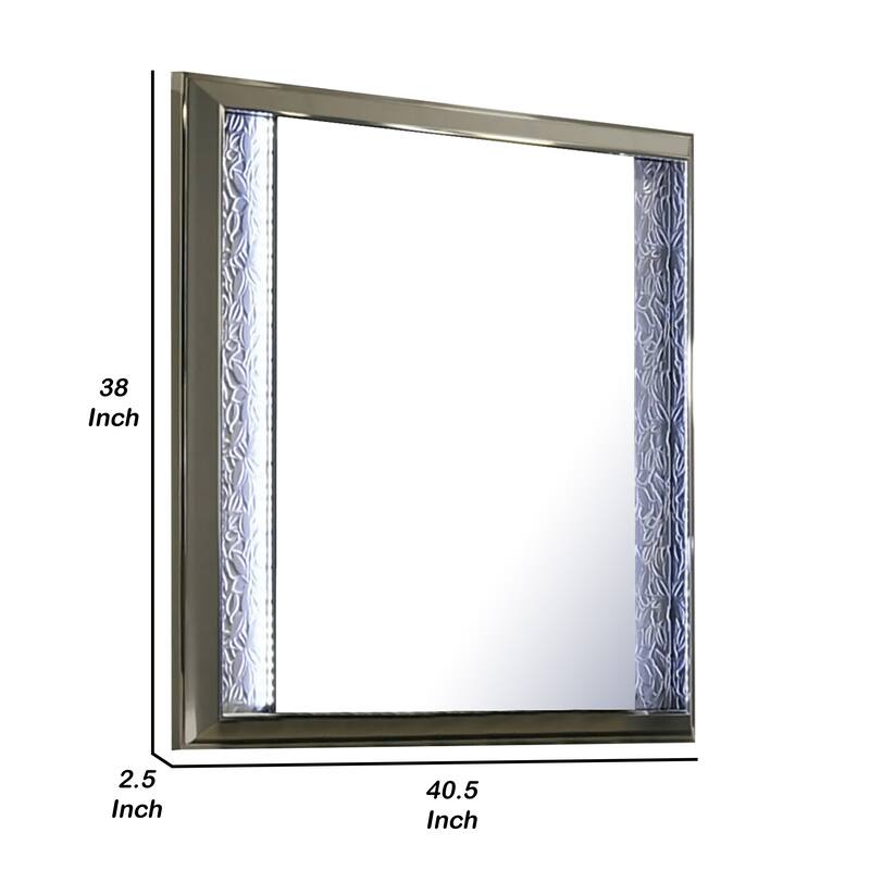 Levi Dresser Mirror, 38 Inch, Leaf Pattern Molding w LED, Dark Gray Wood - Grey