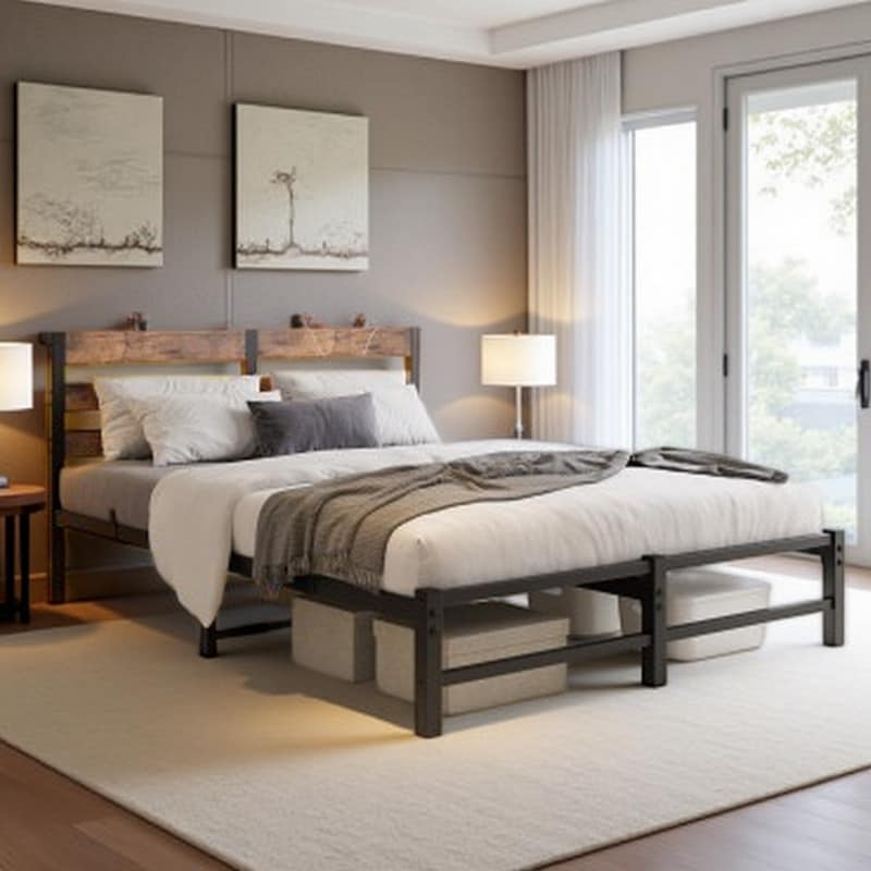 Queen Metal Bed Frame with Rustic Wood Headboard, RGB LED Lighting, Charging Station, Storage Shelf & Noise-Free Design