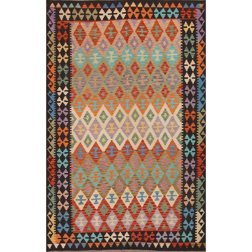 Hand Woven Oriental 100% Wool Carpet Southwestern All-Over Multi-Colored Kilim Area Rug - 9' 8'' X 6' 10''