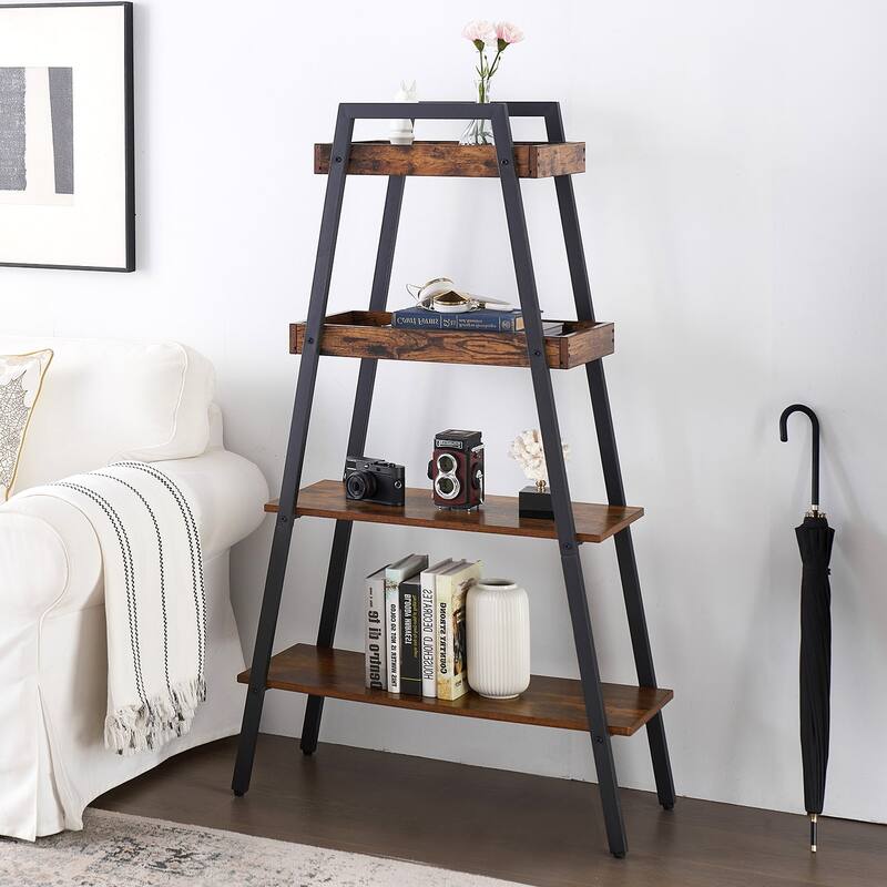 Javlergo 4-tier Ladder Shelf Bookshelves Plant Display Shelves - Brown
