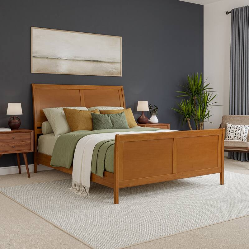 Valencia Solid Wood Low Profile Sleigh Platform Bed with Matching Footboard - Light Toffee - Queen