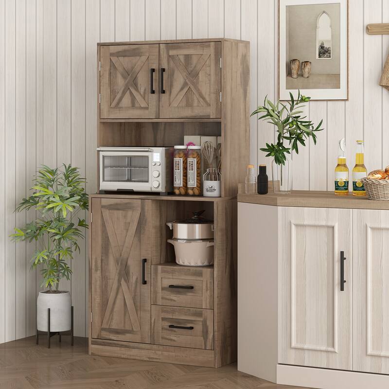 Modern Farmhouse Kitchen Cabinet with Barn Doors Drawers Adjustable Shelves Anti Tipping Durable Particleboard