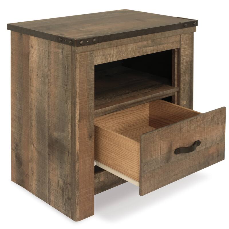 Zoey Nightstand w Drawer and Shelf, USB, Rustic Brown Plank Details