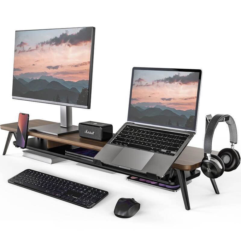 Fenge Monitor Stand, Dual Monitor Riser with Adjustable Laptop Riser - 42.5 x 9.3 x 5.7 inches - Brown