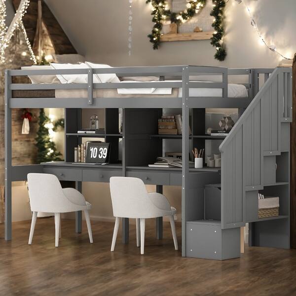 slide 2 of 18, Elegant Twin Size Loft Bed Frame with Storage Staircase and Double Desks and Shelves, Sturdy construction & Unique design, Grey Grey