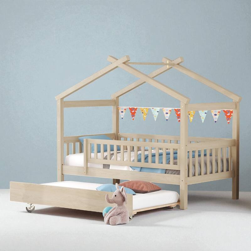 Twin Size Wooden House Bed with Trundle, Roof Design Platform Frame with Headboard for Kids, No Box Spring Needed - Natural - Twin