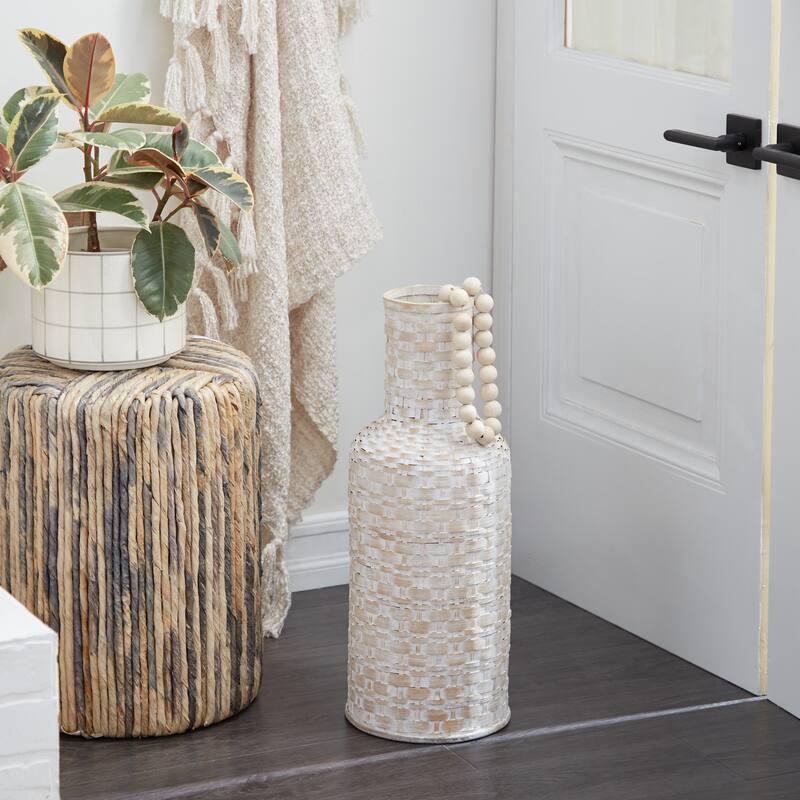 Intricately Woven Tall Bamboo Wood Floor Vase - White or Brown
