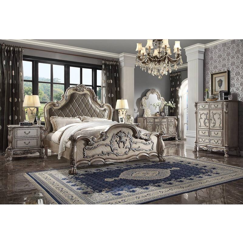 Faux Leather Eastern King Bed with Nailhead Trim in Vintage Bone White