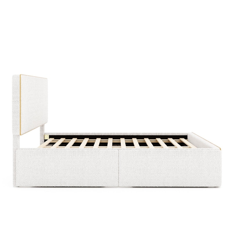 Full Size Upholstered Platform Bed with 4 Drawers and Golden Edge
