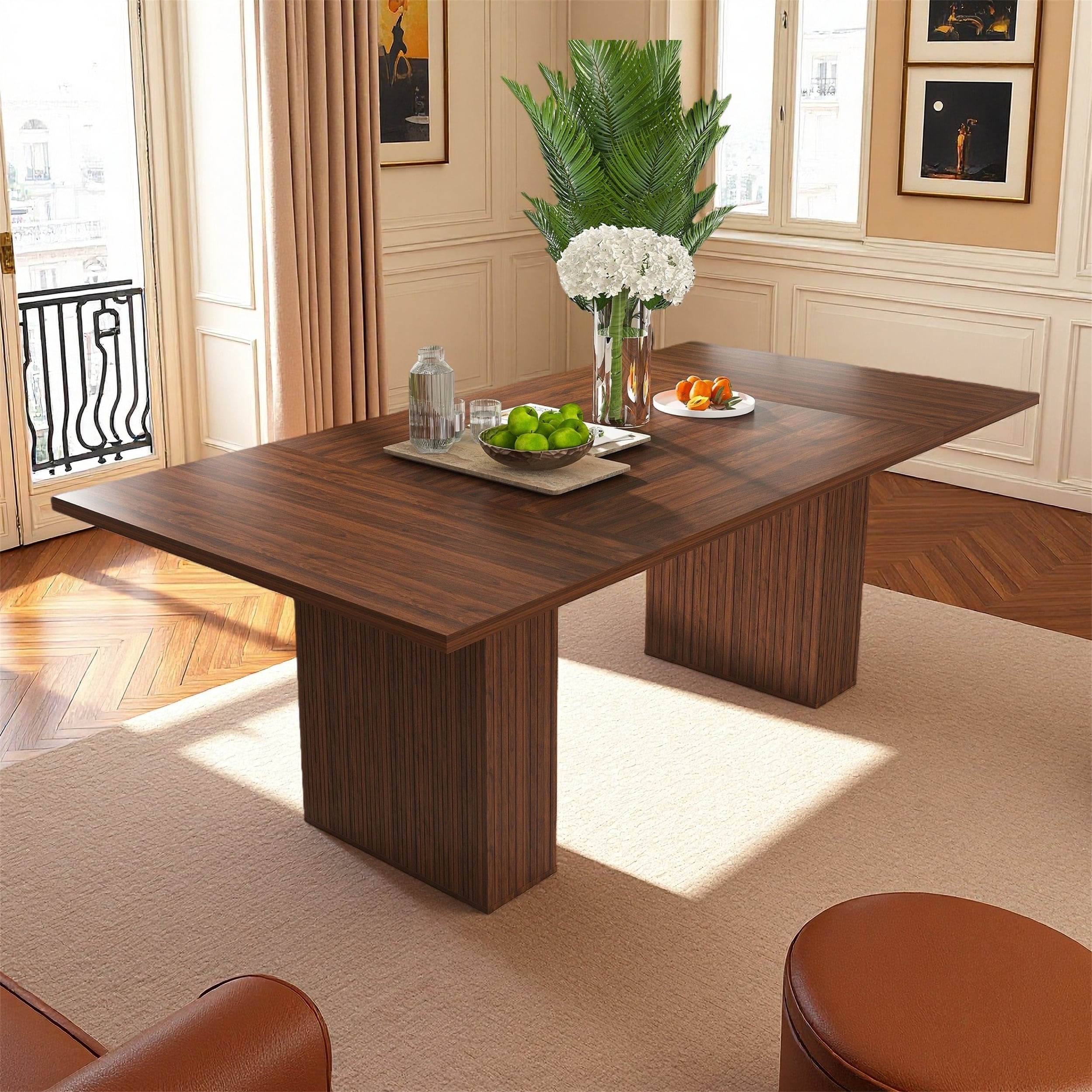 78" Modern Dining Table with Storage Base, Natural Wood Veneer Finish