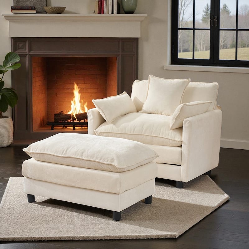 Modern Chenille Accent Chair with Ottoman, Oversized Upholstered Armchair for Living Room & Bedroom Reading