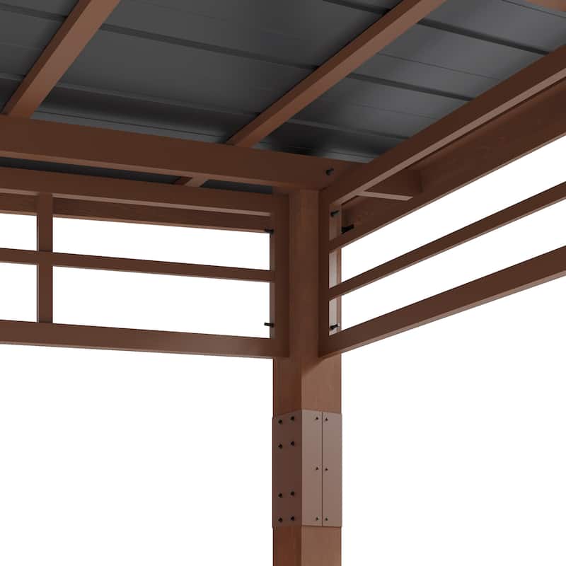 10x12 ft Outdoor Pavilion Wooden Gazebo with Hardtop Metal Roof Shelter for Patio, Backyard, Garden