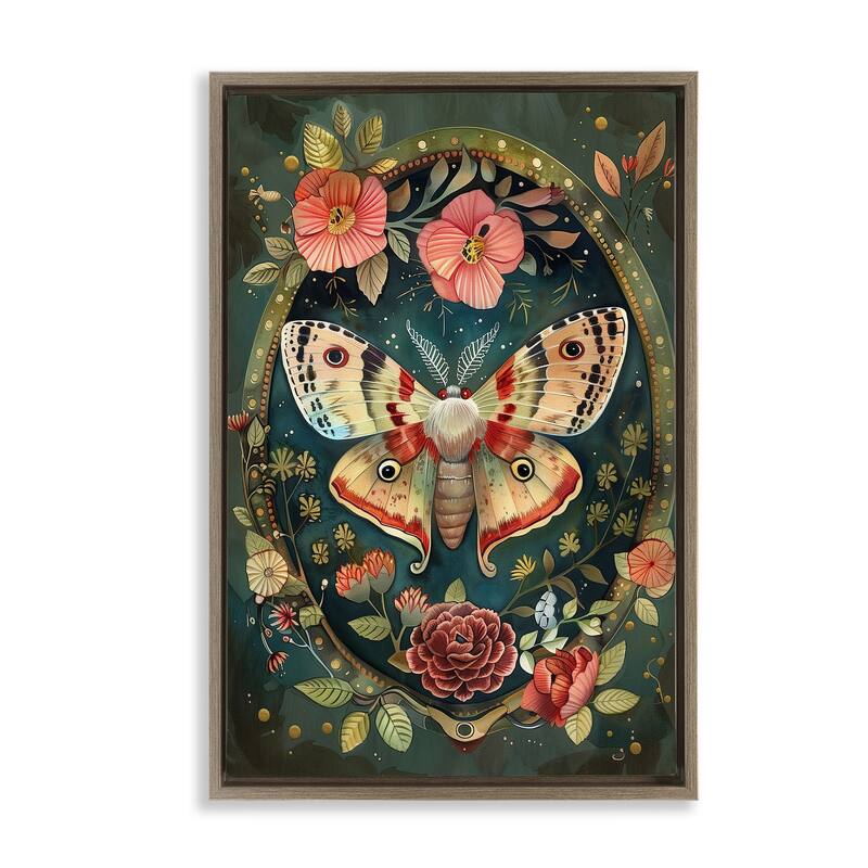 Stupell Victorian Moth & Florals Framed Floater Canvas Wall Art Design By The Dutch Lady - 21 x 31 - Brown
