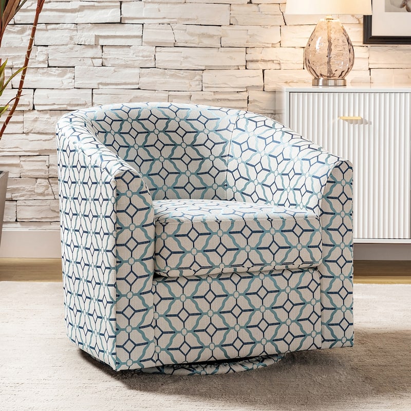 Cuenca Modern Living Room Wooden Upholstered 360° Swivel Barrel Chair with Metal Base and Wide Backrest - Navy