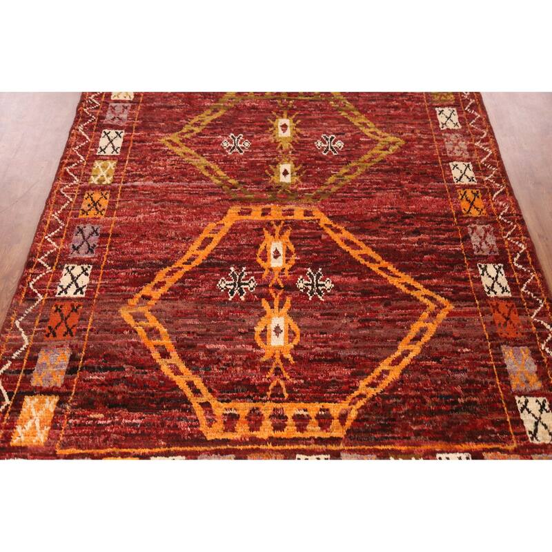 Geometric Red Moroccan Oriental Area Rug Hand-Knotted Wool Carpet - 6'10" x 9'7"