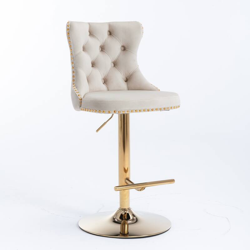 Roomfitters Swivel Velvet Bar Stools Set of 2, Adjustable Height Tufted Upholstered Counter Chairs with Gold Base