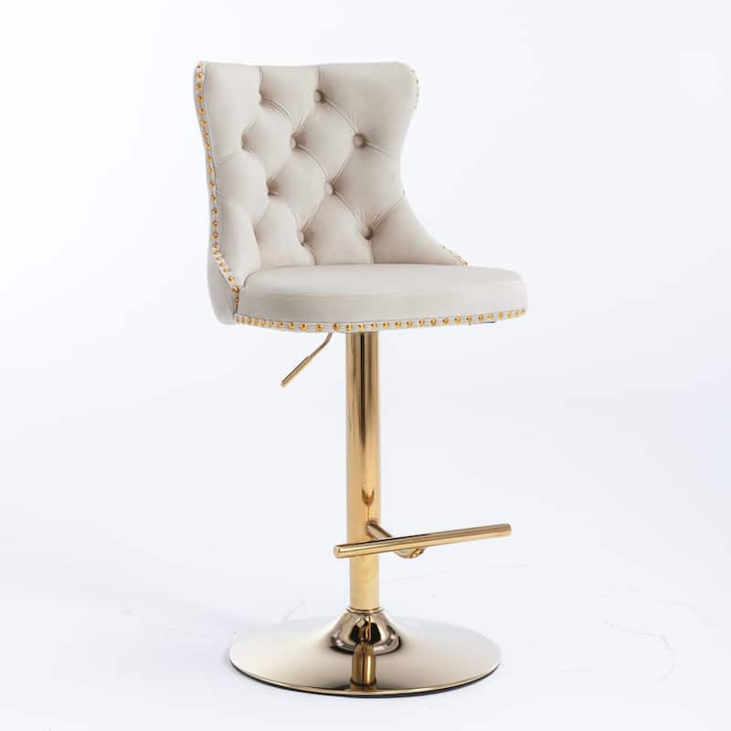 Set of 2 Velvet Upholstered Button Tufted Bar Stools with Gold Metal Base, 360° Swivel Adjustable Height Bar Stools with Back