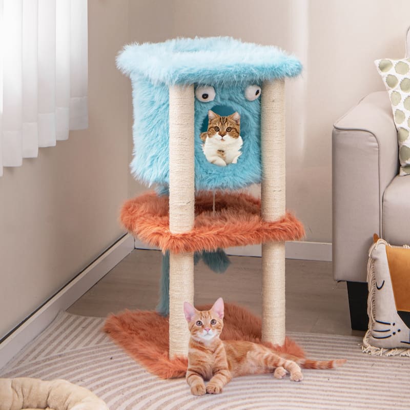 Cute Monster-Themed Cat Tower with 4 Fully Wrapped Scratching Posts and Plush Surface - 16" x 19" x 34" - Blue-Orange